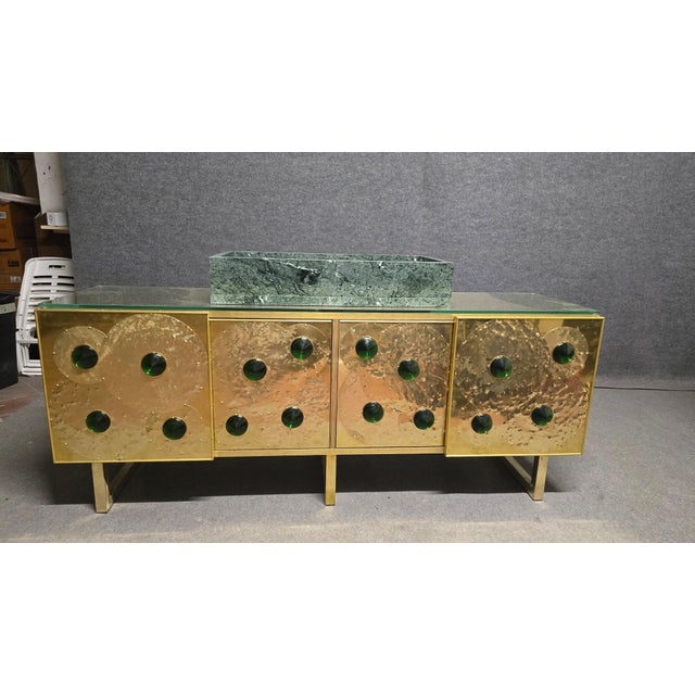 Custom Brass Vanity with Murano Glass and Verde Guatemala Marble Sink by Justfurnituress This bespoke bathroom vanity,...