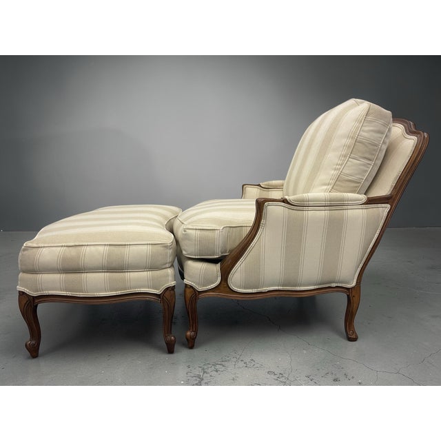 French Ethan Allen Bergère Lounge Chair and Ottoman in Neutral Stripe, Featherblend Cushion For Sale - Image 3 of 11