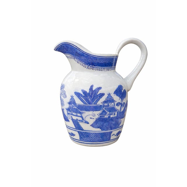 Vintage Chinese Blue & White Canton Style Porcelain Pitcher For Sale - Image 4 of 5