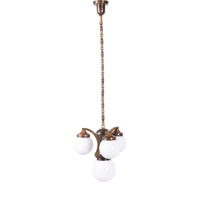 Art Deco Dissociative Chandelier in Brass and Opaline Glass, Czech, 1920s For Sale