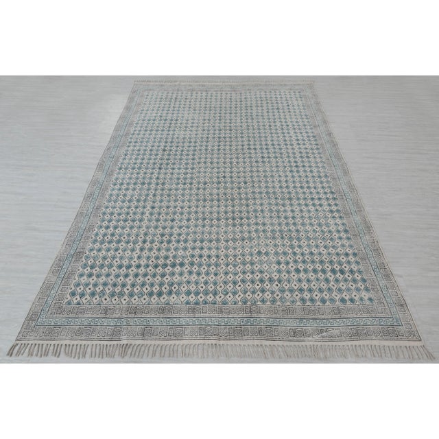 2020s Cotton Blue Block Printed Boho Inspired Flatweave Rug 4X6Ft. For Sale - Image 9 of 13