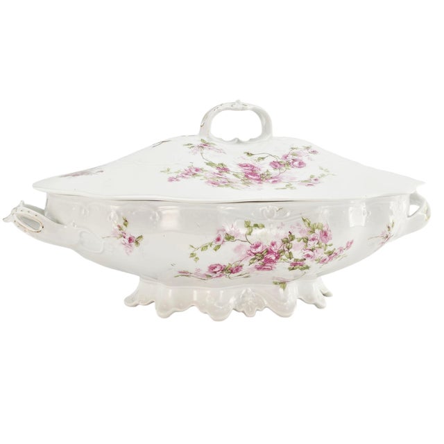 Mz Austria Antique Porcelain Rose Tureen, Covered Footed Serving Dish 14.5" For Sale - Image 12 of 17