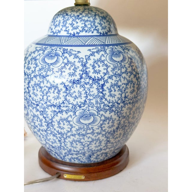 Ralph Lauren Ralph Lauren Blue and White Ceramic Ginger Jar Lamp With Scrolling Vine Motif For Sale - Image 4 of 8