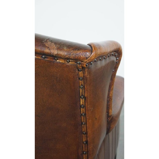 Vintage Leather Wing Chair with Red Corduroy Seat Cushion For Sale - Image 12 of 14