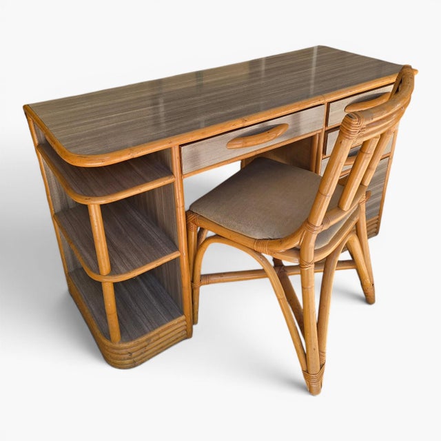1950s Mid Century Rattan Grasscloth Streamline Wood Desk and Chair For Sale - Image 10 of 11