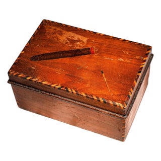 1910s Hand Painted Cigar & Match Cork Lined Wooden Folk Art Humidor Cigar Box Tobacciana Home Decor For Sale