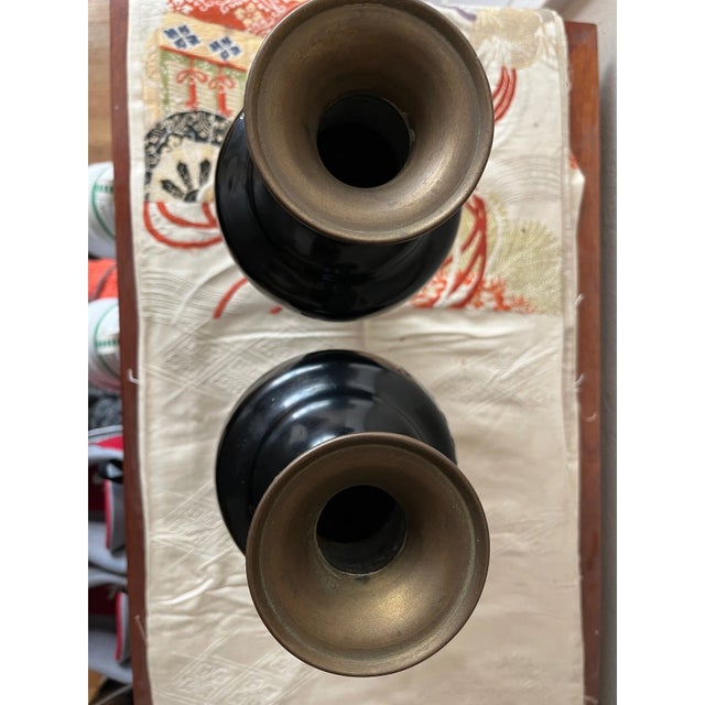 Pair of Vintage 9" Korean Black Enamel Brass Vases, Mother of Pearl Inlay For Sale - Image 9 of 9
