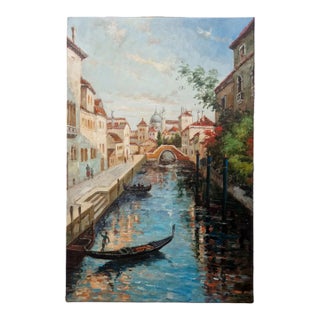Mid-20th Century Signed M. Torres - Coastal Harbor Scene, Oil on Canvas For Sale