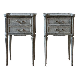 Antique French Patinated Wooden Bedside Tables with Marble Tops, 19th Century, Set of 2 For Sale
