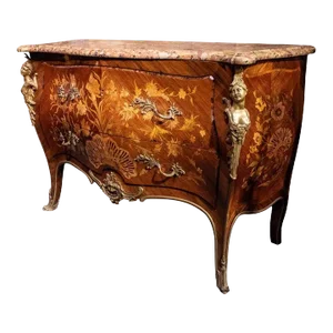 French 19 Century Louis XVI Style Marquetry Inlaid Gilt Bronze-Mounted Commode