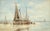 Wonderfully detailed early 20th century figurative landscape watercolor of sailboats docked on a bustling shore,...