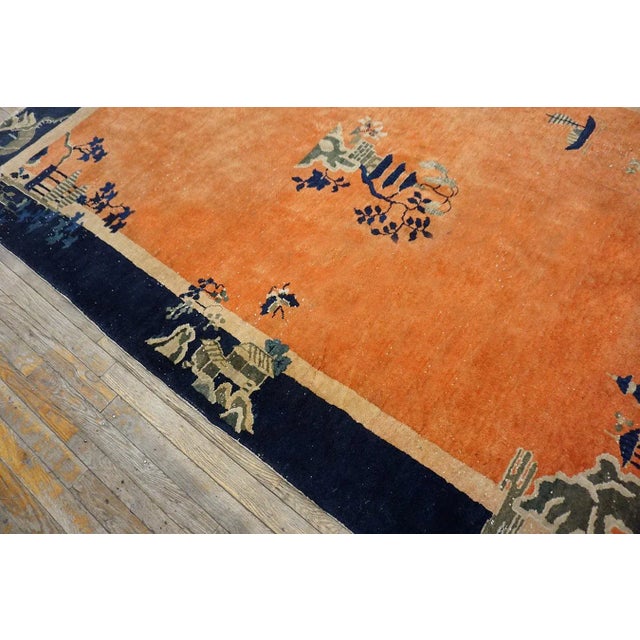 1920s Orange Medallion Scene Antique Chinese Art Deco Carpet 6 'X 8'6" Knotted Wool Rug For Sale - Image 12 of 15
