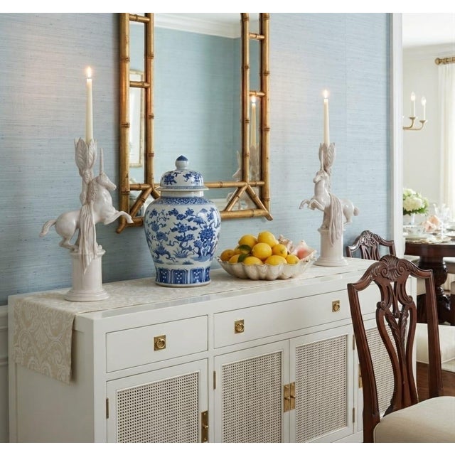 Ceramic Vintage Ceramic Rearing Unicorn and Leaf Pillar Candleholders For Sale - Image 7 of 12