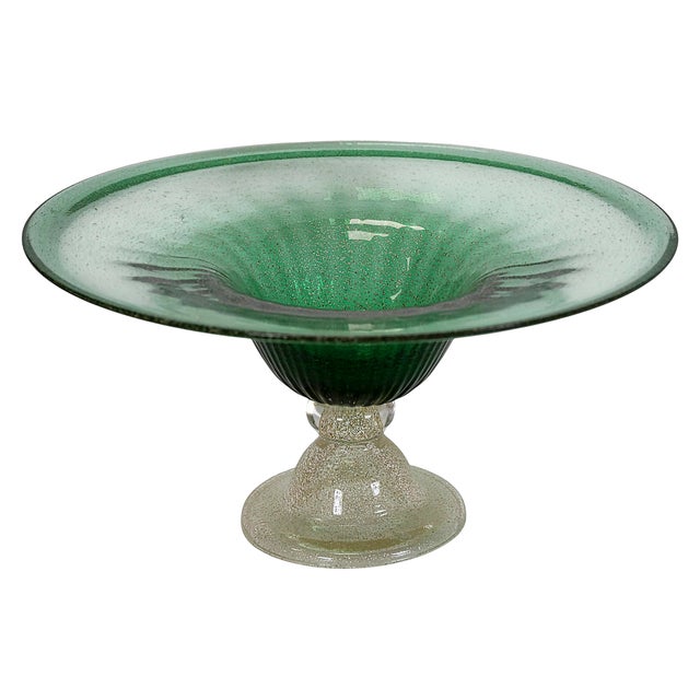 Large size Mid-Century Italian handmade murano glass vase centerpiece in emerald green and clear colour with gold/silver...