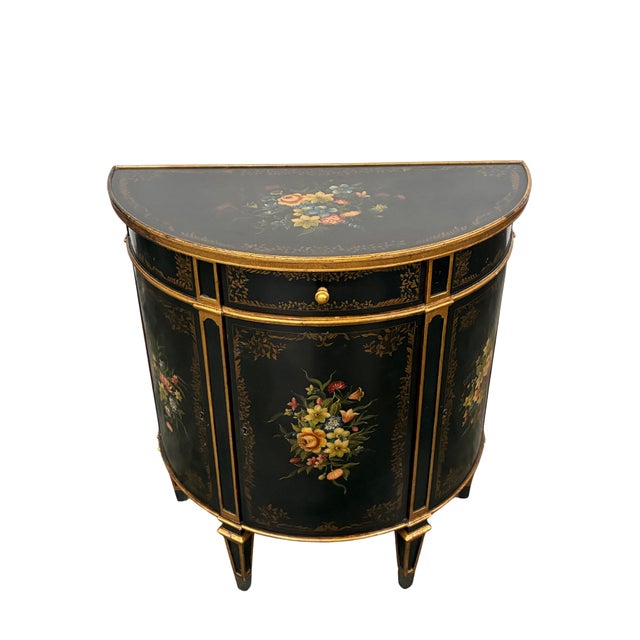 Theodore Alexander Late 20th Century Theodore Alexander Louis XVI Style Hand-Painted Black & Gilt Demilune Cabinet For Sale - Image 4 of 12
