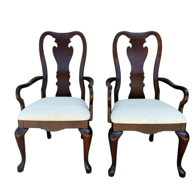 Brown Pair Thomasville Collectors Cherry Queen Ann Dining Room Side Armchair 1990s For Sale - Image 8 of 16