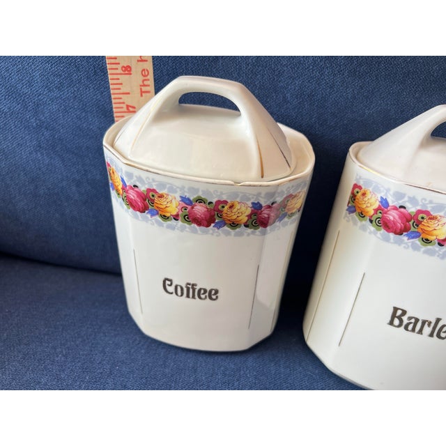 1930s Canister Set 2 Pc W/Lids Germany Floral Roses Coffee Barley White Gold For Sale - Image 4 of 8