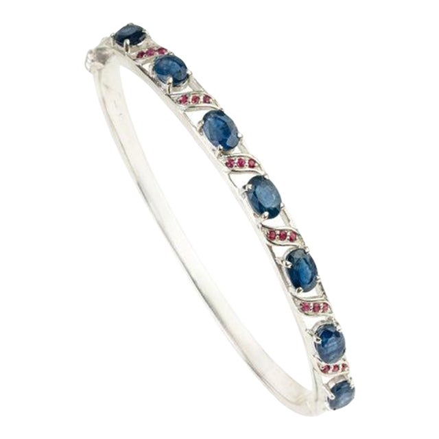 Vintage 925 Sterling Silver Bangle With Natural Blue Sapphire & Ruby Gemstones For Sale