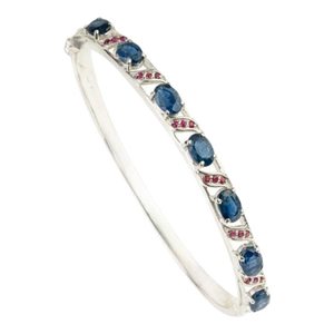 Vintage 925 Sterling Silver Bangle With Natural Blue Sapphire & Ruby Gemstones
