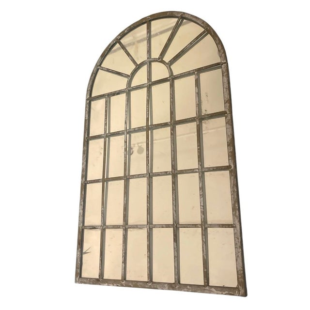 2000 - 2009 Pair of Vintage Architectural Arched Iron Windowpane Mirrors in Whitewashed Gray For Sale - Image 5 of 12