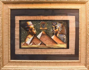 1990s Nefertiti & Tutankhamun Papyrus Art, Framed