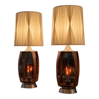Mid 20th Century Modern Sculptural Wood & Smoked Glass Lamps – Pleated Shades – Danish Modern – Hollywood Regency Statement Lighting - Pair For Sale