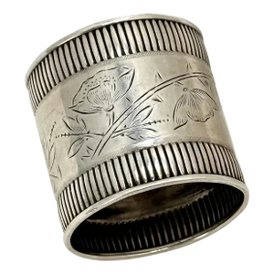 Antique 1870s American Victorian Sterling Silver Napkin Ring With Engraved Buttercup Flowers by Wood & Hughes