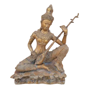 Antique Thailand Gilded Bronze Statue of Saraswati Playing a Vina
