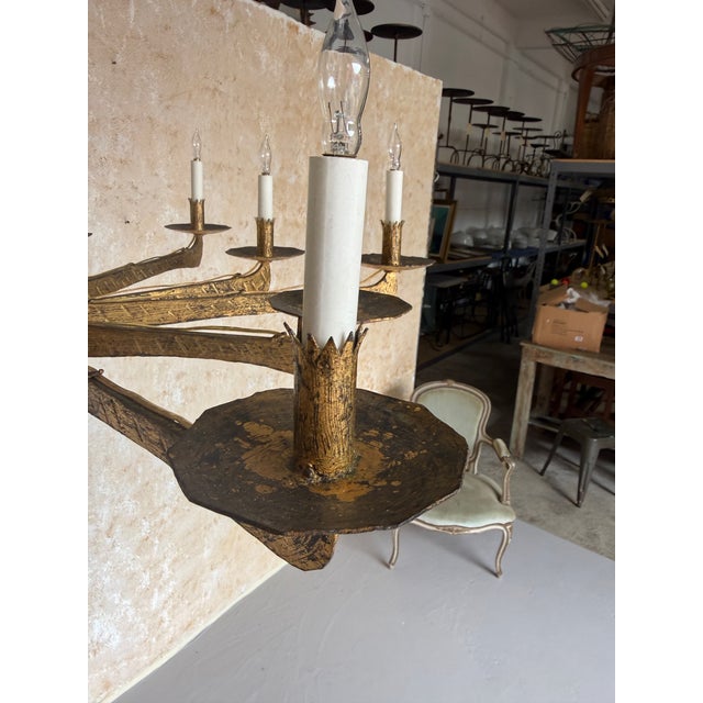 Spanish 1950’s Gilt Iron Twelve-Arm Chandelier With Opaline Glass Center Light For Sale - Image 16 of 18