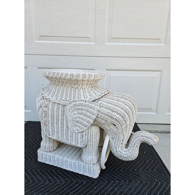 White Wicker Elephant With Tusks Side Table For Sale - Image 12 of 13