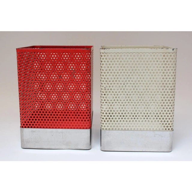 Mid-Century Modern Set of Two Vintage White and Cream Perforated Wastebaskets After Mathieu Matégot For Sale - Image 3 of 12