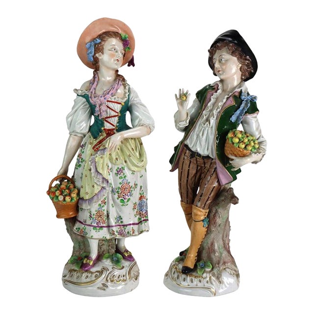 Pair Oversized Antique German Majolica Porcelain Figures of a Maiden & Lad C1920 For Sale