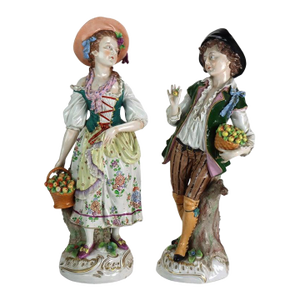 Pair Oversized Antique German Majolica Porcelain Figures of a Maiden & Lad C1920