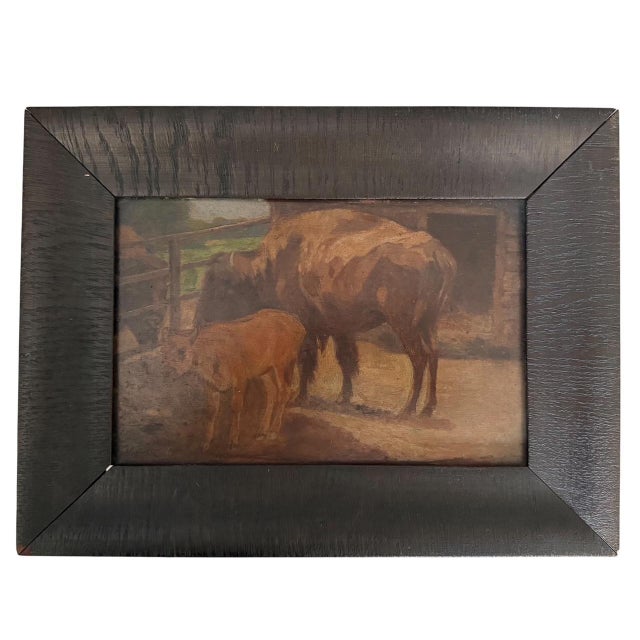 Rustic 1900s Oil Painting on Wood Buffalo & Calf by Karl Appel 1866-1937 Pietro Del Vecchio With Wax Stamp For Sale - Image 3 of 8