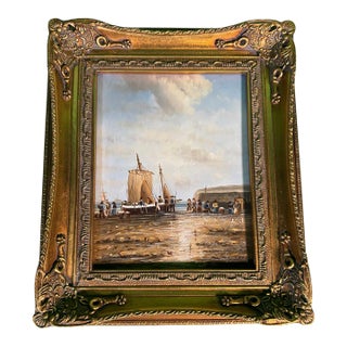Original Marine Oil Painting, Fishing Boat Beached at Low Tide, in Gilt Frame For Sale