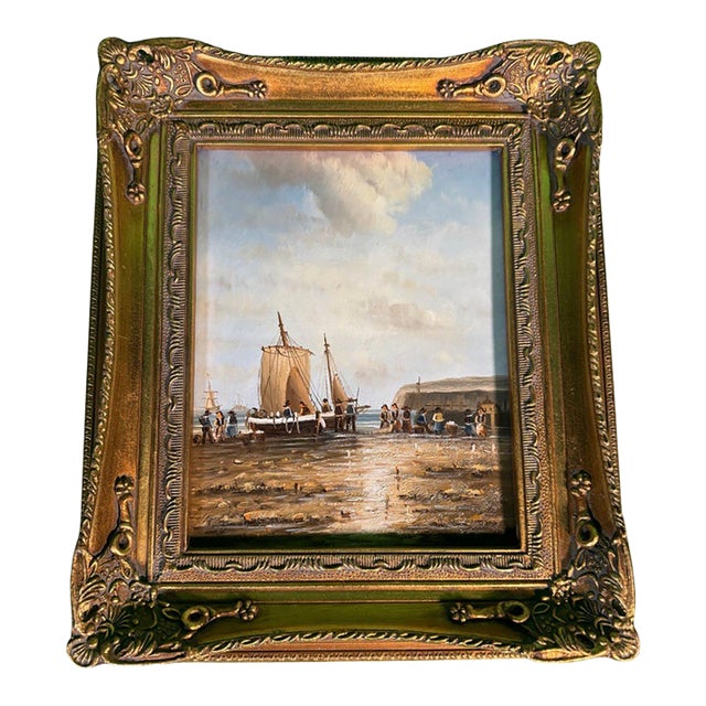 Original Marine Oil Painting, Fishing Boat Beached at Low Tide, in Gilt Frame For Sale