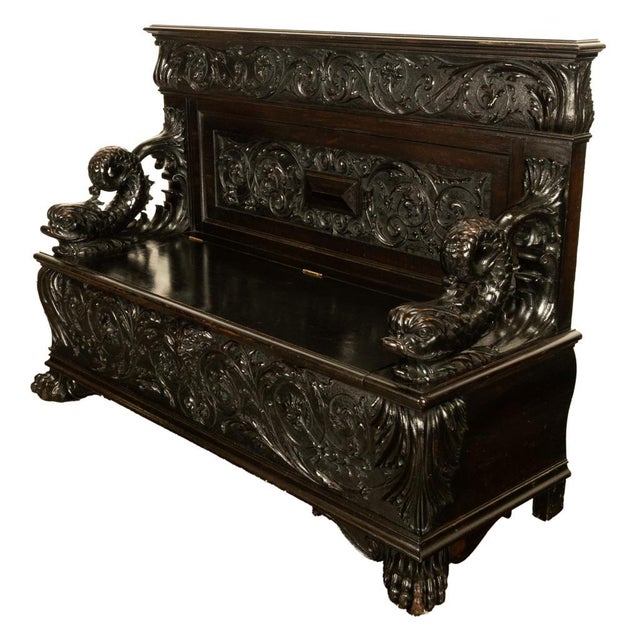 Traditional Antique Italian Renaissance Revival Carved Walnut Hall Bench Chest Dolphins 1870 For Sale - Image 3 of 14