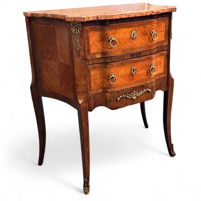 French Antique 19th French Louis XV Style Marble Top Parquetry Commode For Sale - Image 3 of 15