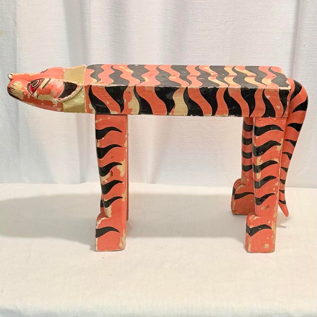 Mid 20th Century Mid-Century Artist Signed Carved Folk Art Tiger Footstool For Sale - Image 5 of 12
