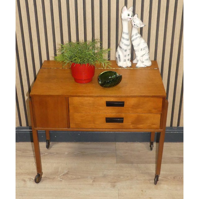 Super-pretty side table with practical uses! Delicate sewing cart 1960s walnut furniture Great organizer, simple on the...
