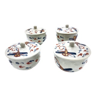 Mid-Century Japanese Porcelain Dragonfly Lidded Tea Cups For Sale