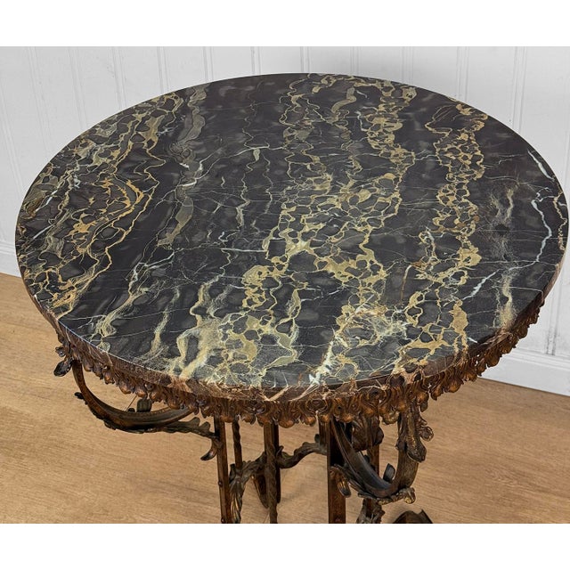 Antique Victorian Rococo Wrought Iron Marble Round Top Side Table For Sale - Image 4 of 10