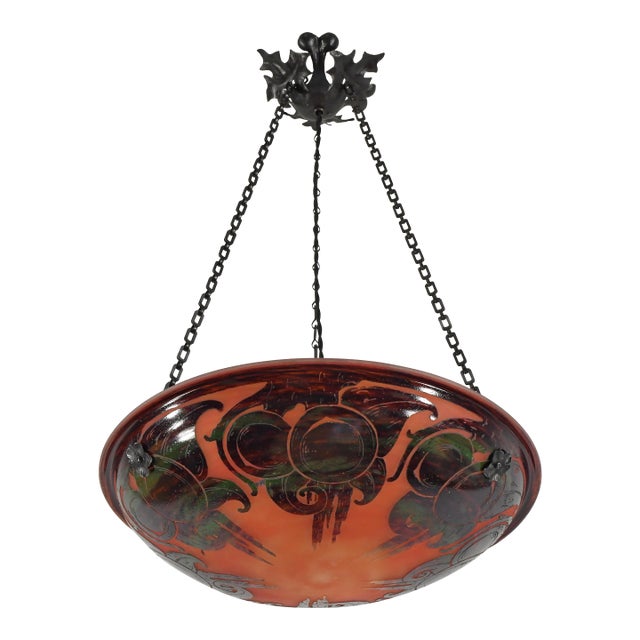 French Art Deco Pendant Light by Le Verre Francais Schneider - 1925 Cameo Chandelier France For Sale