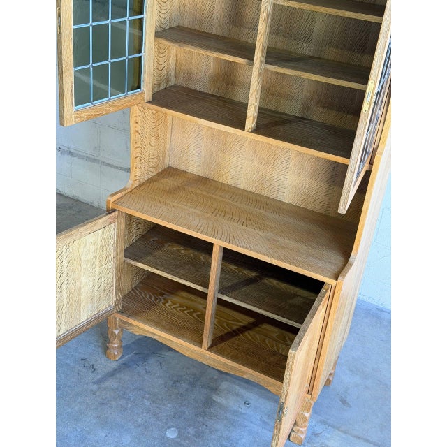 Vintage Danish Oak Hutch Cabinet in Style of Henning Kjærnulf Leaded Glass Bookcase For Sale - Image 4 of 8