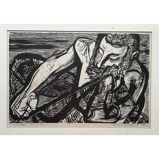 Impressionist Vintage 1970’s Woodcut Print of Fisherman by R. F. McGovern For Sale - Image 3 of 9