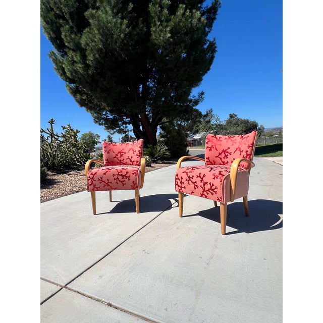 Vintage Mid Century Modern Pair Heywood Wakefield Lounge Pink Velvet Armchairs Restored Art Deco Model M340c For Sale - Image 9 of 12