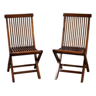 Pair Vintage Mid-Century Modern Style Teak Folding Chairs For Sale