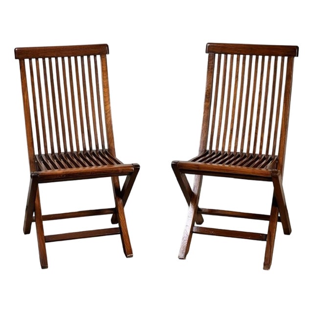 Pair Vintage Mid-Century Modern Style Teak Folding Chairs For Sale