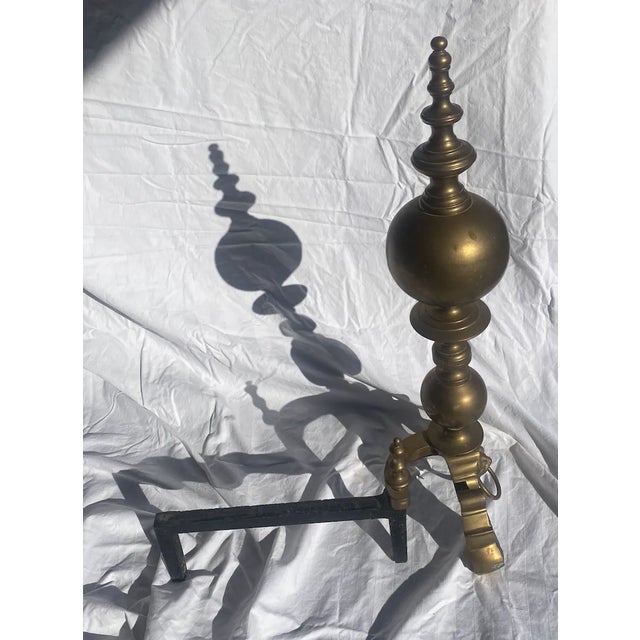 Traditional Early 20th Century Brass Andirons With Lion Detail - Set of 2 For Sale - Image 3 of 6