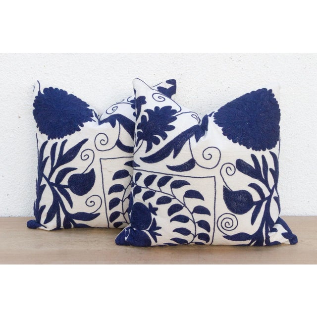 Boho Chic Silk Road Blue & White Suzani Pillow, a Pair For Sale - Image 3 of 8